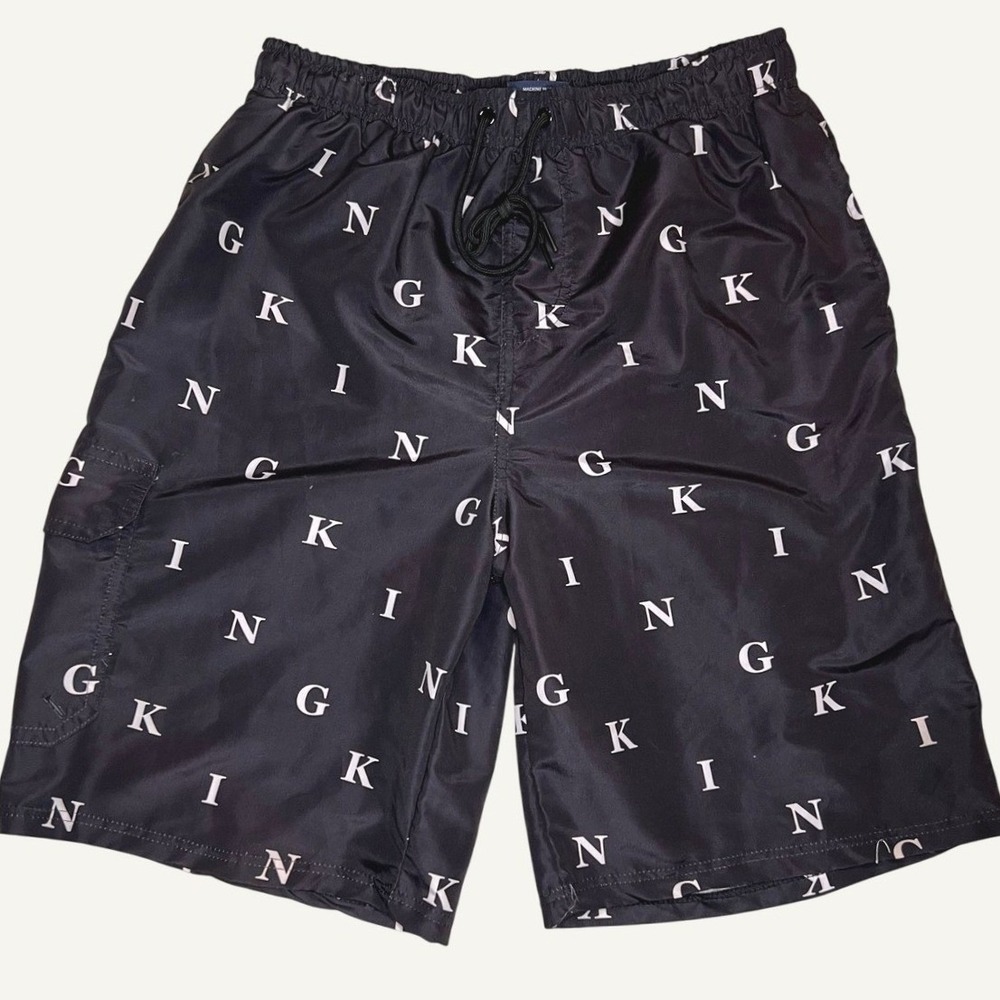 Kanalei Bay Mens King Print Swim Trunks Black Board Shorts Size XL Cargo Pocket
